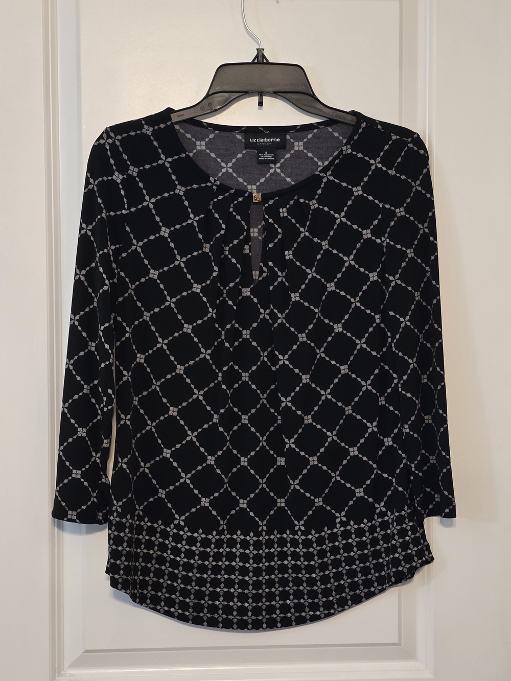 Liz Claiborne Career Women's Sz Sm 3/4-Sleeve Blouse, Black/White Print